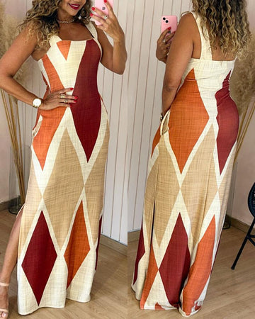 Geometric Print Thick Strap Dress Casual Slim Fit Slit Maxi Dress with Pockets